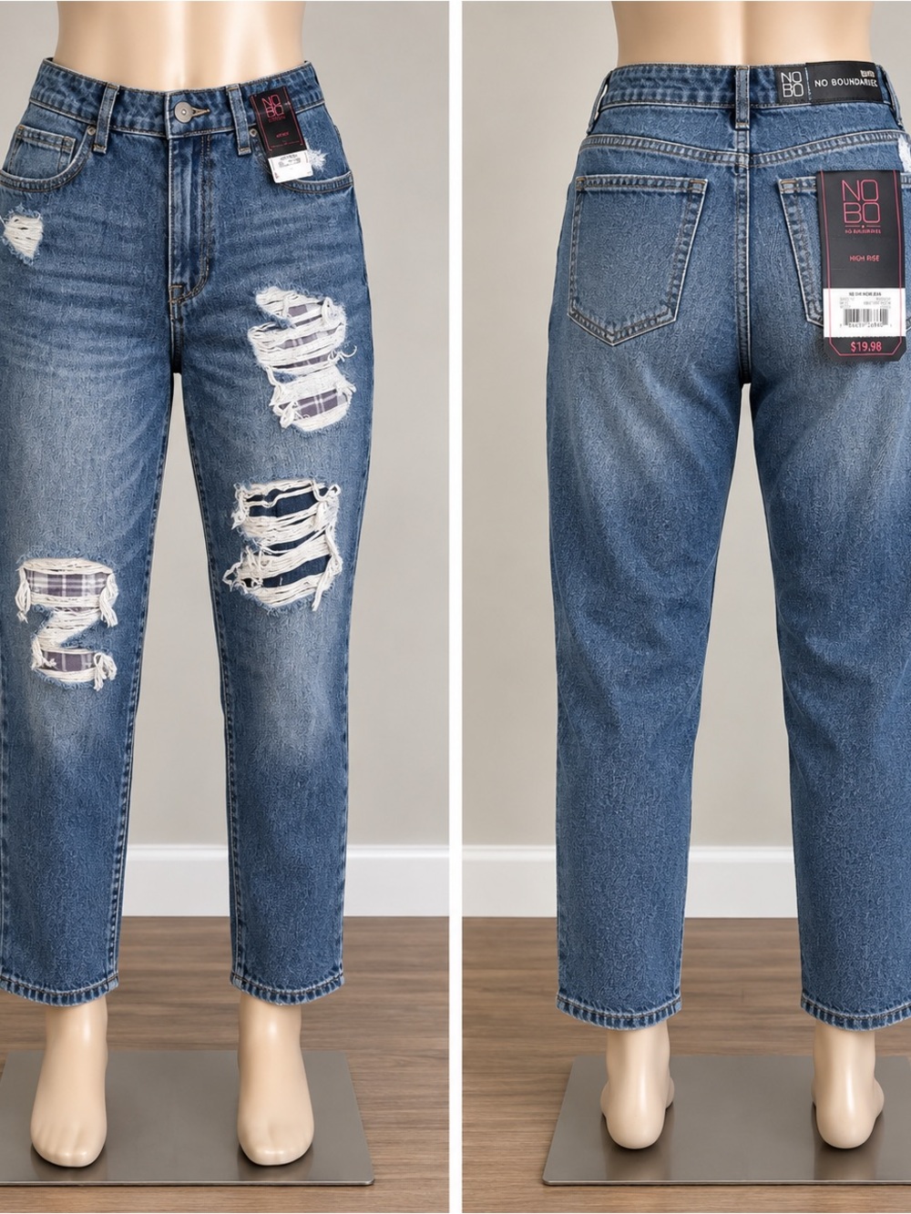 No Boundaries Distressed Plaid Patch Mom Jeans Size 15 NWT Y2K Grunge